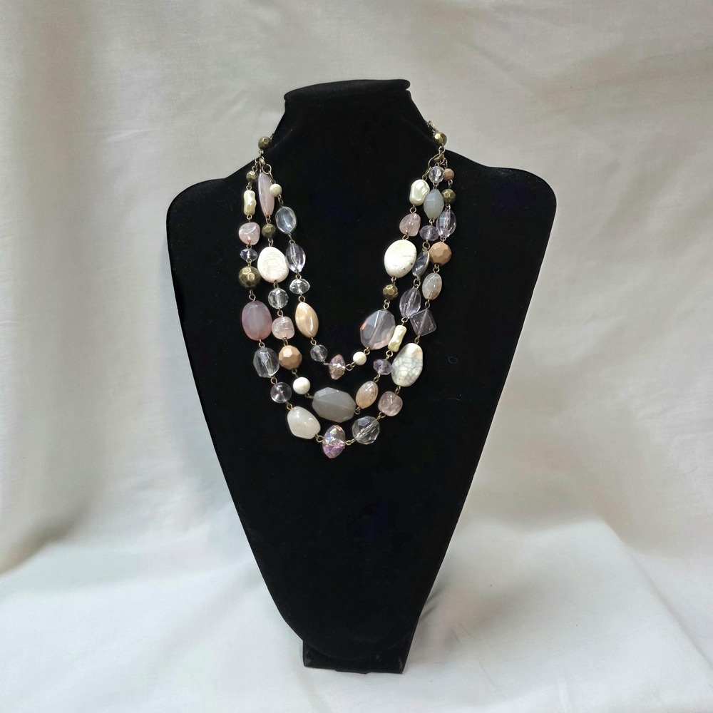 Layered Multi Strand Statement Necklace‎ Pink Purple Bead Faux Pearl Gold Tone